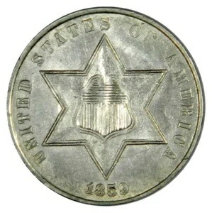 1859年 3セント銀貨 ~ 鮮明で明るい白色、未流通！INV#4
