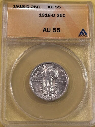 1918 D スタンディング リバティ シルバー クォーター ANACS グレード AU 55 明るい白の光沢!