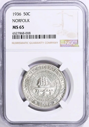 スーパー ジェム MS-65 -1936 年、バージニア州ノーフォーク、バイセンテニアル ハーフ ドル - NGC。