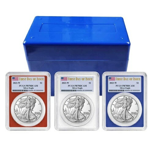 2023-W プルーフ $1 アメリカン シルバー イーグル 3 個セット PCGS PR70DCAM FDOI フラッグ ラベル R...