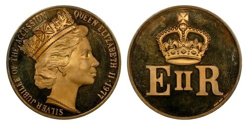 SWITZ Gr イギリス エリザベス 2 世 1977 年 鍍金銀メダル NGC MS63 統治 25 周年。