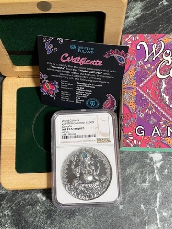 NGC MS70 カメルーン 2019 ガネーシャ象アンティークシルバーコイン 2オンス S2000F BOX/COA
