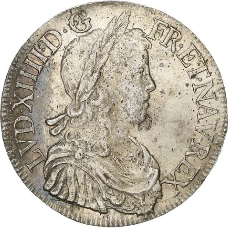 [#637998] フランス、ルイ 14 世、エキュ・ア・ラ・メッシュ・ロング、1648 年、ボルドー、シルバー、EF