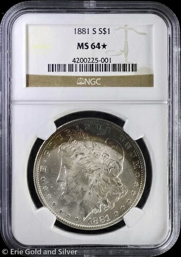 1881-S 1ドル モルガン銀貨 NGC MS 64* | 虹色三日月模様の表面