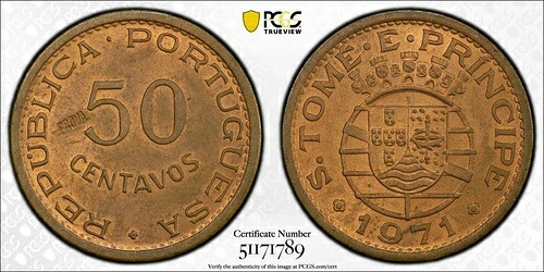 1971 セント トーマス & プリンス [ポルトガル] 50C、PCGS SP65RB (PROVA) Essai｜WORLD RESOURCE【KING店】