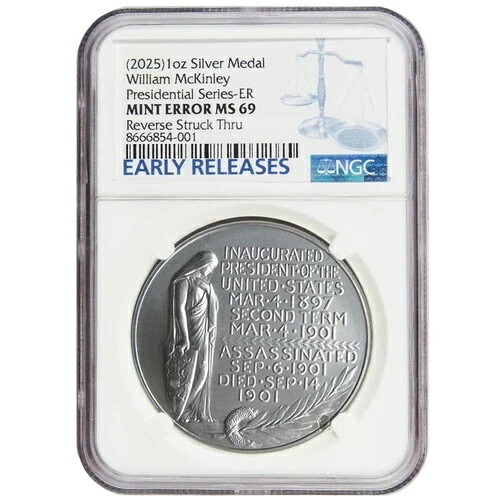 2025 1オンス ウィリアム・マッキンリー シルバー大統領メダル NGC MS69 ER ブルーラベル M...|WORLD RESOURCE【KING店】