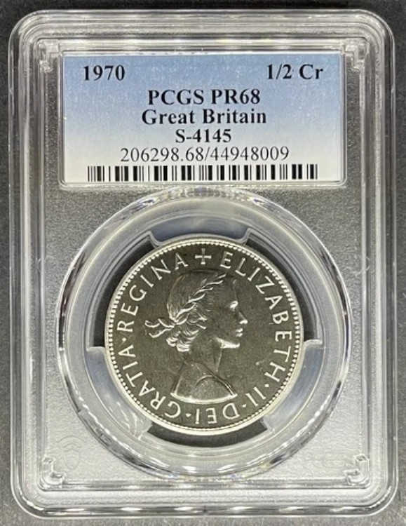 1970 年プルーフ グレートブリテン ハーフクラウン 1/2Cr PCGS PR-68、3 点購入で 5 ドル割引!!!｜WORLD RESOURCE【KING店】