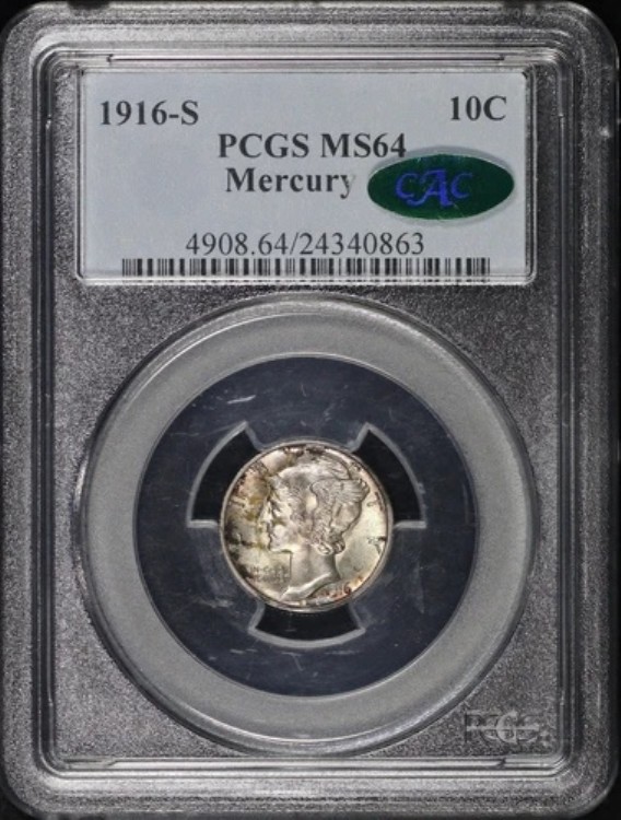 1916-S マーキュリー ダイム PCGS MS-64 CAC - アンバー トーニング!｜WORLD RESOURCE【KING店】