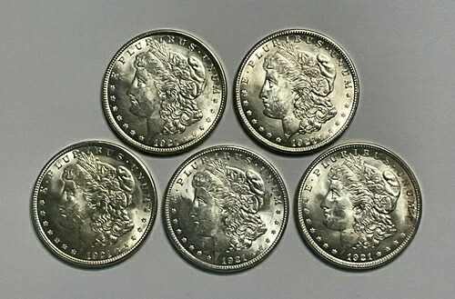 AU 1921-P $1 モルガン銀貨 5 枚セット（ビニールフリップ入り）