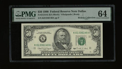 DBR 1990 $50 FRN ダラス Fr. 2124-K PMG 64 シリアル K01336140A｜WORLD RESOURCE【KING店】 101,200円