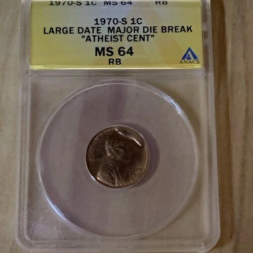 1970-S 1セント リンカーン セント Cud Major Die Break ANACS MS64 RD \