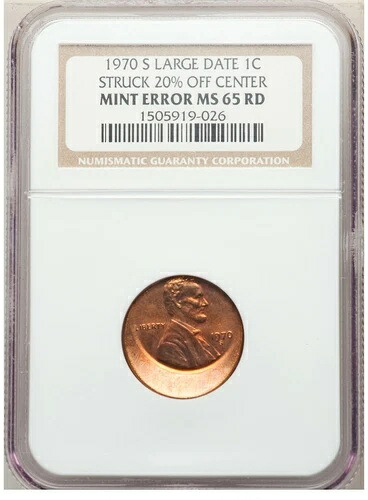 ER018 1970-S 1C ラージデイト、リンカーンセント -- 中心から20% オフ -- NGC MS65 RB