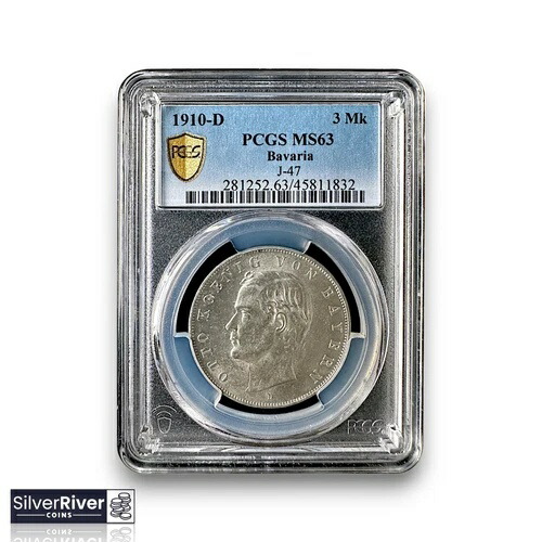 1910-D ドイツ・バイエルン 銀貨 3マルク (*PCGS MS63 認定*) - 光沢あり 101,750円