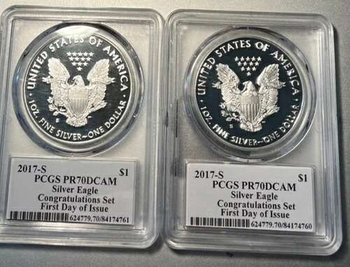 (2) 2017 S プルーフ シルバー イーグル PCGS PR70 発行初日おめでとうセット