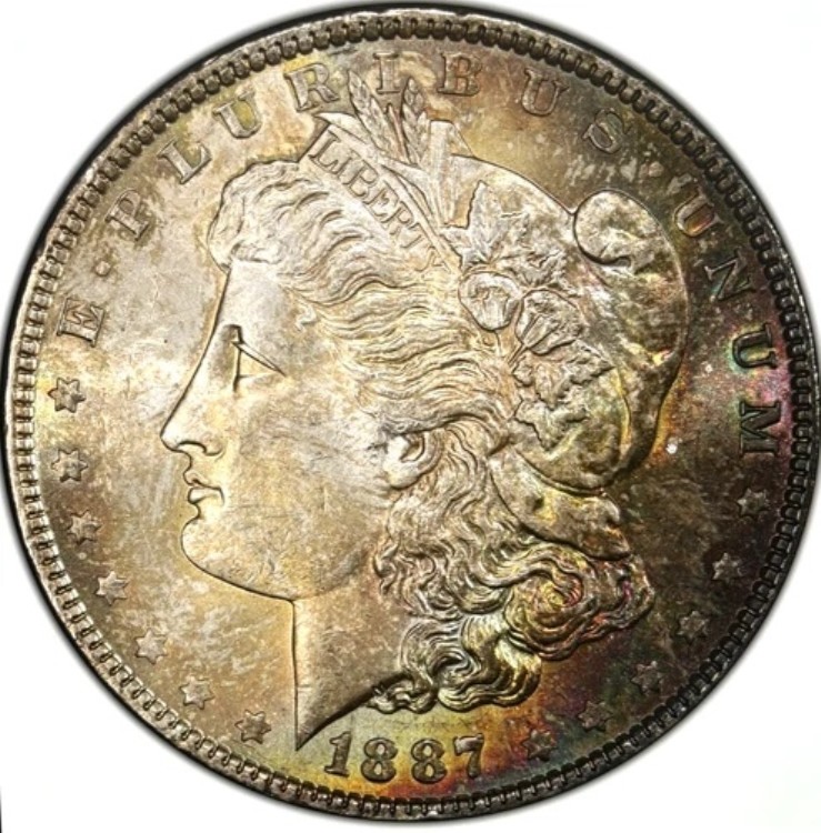 1887年 P トーン モルガン $????PCGS MS 63????ラディアント レインボー トーン ???? (ビデオ)