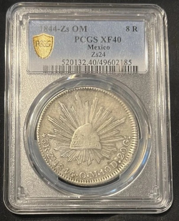 メキシコ サカテカス造幣局 1844-ZsOM 8レアル銀貨、PCGS認定 XF-40