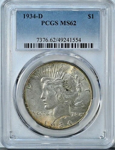 1934年 D PEACE シルバードル MS62 PCGS 鑑定済み 1ドルコイン デンバー MS 62 7376