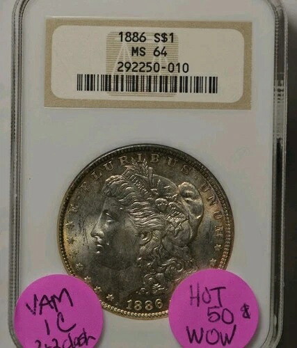1886-P モーガン シルバー ドル VAM 1C、VAM ワールド ホット 50 および WOW リスト、トーン加工、MS-64