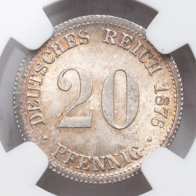 1876-F、ドイツ（帝国）。美しい20ペニヒ銀貨。NGC MS-65(+)