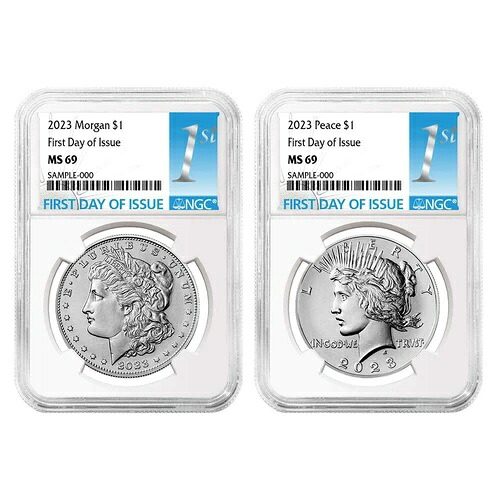 2枚セット - 2023年 1ドル モルガン＆ピース銀貨 NGC MS69 FDIファーストラベル