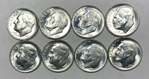 1953-D ルーズベルト・ダイム 0.10 ロール。50枚入り。厳選された未流通のオリジナルロール。