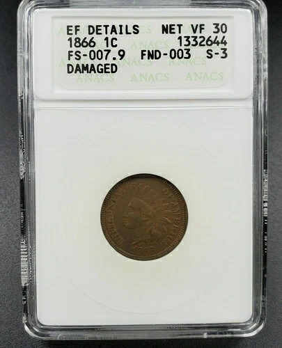 1866年インディアンセントペニーバラエティエラーコインANACS XF詳細FS-007.9 FS-302 RPD