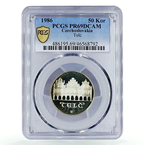 チェコスロバキア 50コルナ テルチ 都市 建物 建築 PR69 PCGS 銀貨 1986年