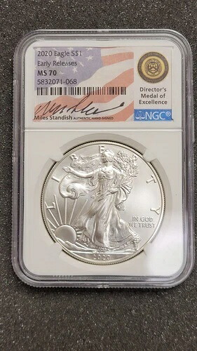 2020年 シルバーイーグル マイルズ・スタンディッシュ 直筆サイン入り NGC MS70 早期リリース