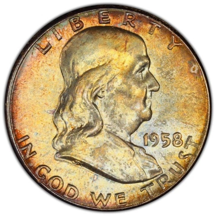 1958年 P フランクリン 50C PCGS MS65 レインボートーン 非常にきれいな紫色 希少 207,900円