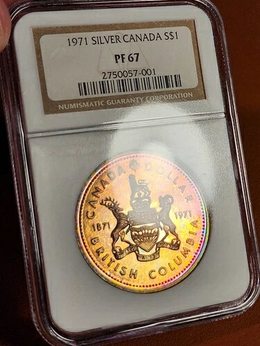 1971年 カナダ ブリティッシュコロンビア プルーフ銀貨 NGC PF67 虹色 派手