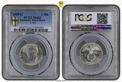 ナチス硬貨 - PCGS MS63 1939-G 2 Mk ライヒスマルク ヒンデンブルク J-366 シルバー ドイツ WW2