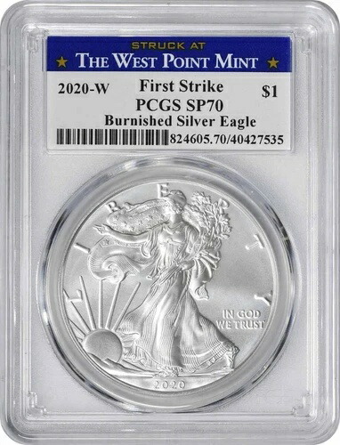 2020-W アメリカン シルバー イーグル バーニッシュ SP70 FS PCGS ウェストポイントで打刻されたラベル