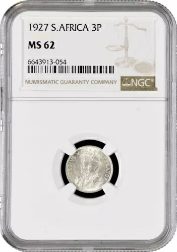 南アフリカ 3ペンス 1927年、NGC MS62、「国王ジョージ5世（1923年 - 1936年）」銀貨