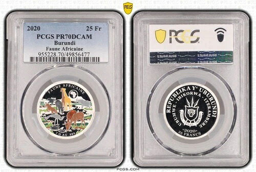 ブルンジ 銀貨 プルーフ 25フラン 2020年 アフリカの動物たち PCGS PR70 トップ ??