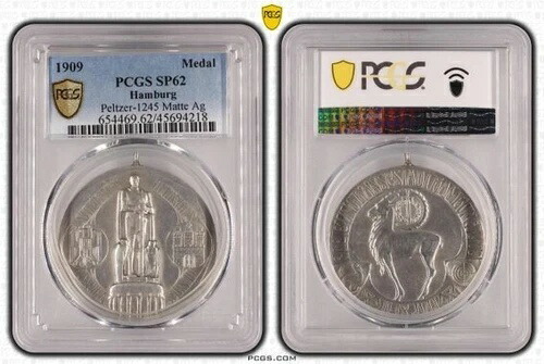 ドイツ帝国 1909年 ハンザ都市ハンブルク 銀製射撃メダル PCGS SP62