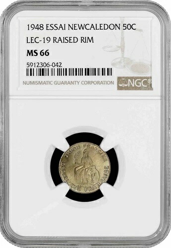 ニューカレドニア 50サンチーム 1948年、NGC MS66 ESSAI、「LEC-19、縁取りあり」トップポップ 2/0 107,690円