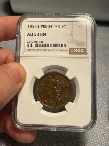 (#101696) 編み込みラージセント: 1855 アップライト 55。NGC AU 53 BN (ビデオをご覧ください!)