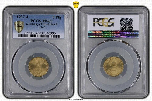 ナチスのコイン - PCGS MS65 1937-J 5 フェニヒ Pfg ドイツ、第三帝国 J.363 WW2