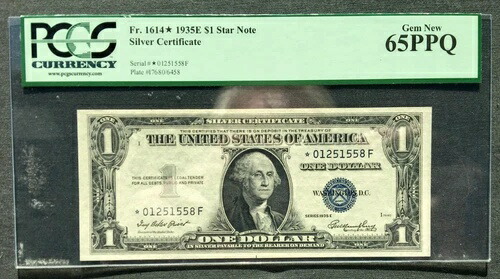 1935E 1ドル銀貨証明書 []STAR[] Fr 1614* [] PCGS 65 GEM PPQ [] *Fブロック