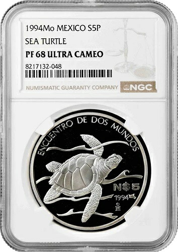 メキシコ 5 ペソ 1994 Mo、NGC PF68 UC、「イベロ アメリカ - ウミガメ」銀貨