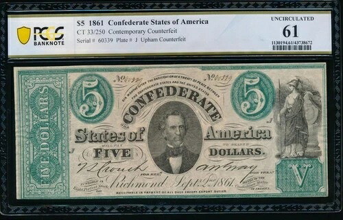 AC CT-33 $5 1861 偽造南軍 CSA PCGS 61 メミンガーとミネルバ