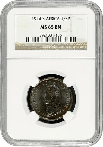 南アフリカ 1/2 ペニー 1924 年、NGC MS65 BN、「国王ジョージ 5 世 (1923 - 1936)」