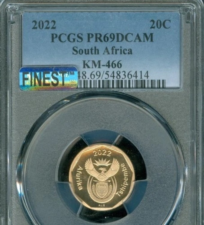 2022年 南アフリカ 20セント PCGS PR69 DCAM MAC FINEST SPOTLESS 3,000枚鋳造。