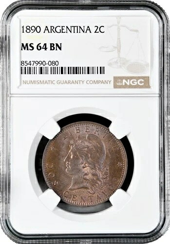 アルゼンチン 2 センタボ 1890、NGC MS64 BN、「アルゼンチン ペソ (1881 - 1969)」トップ ポップ