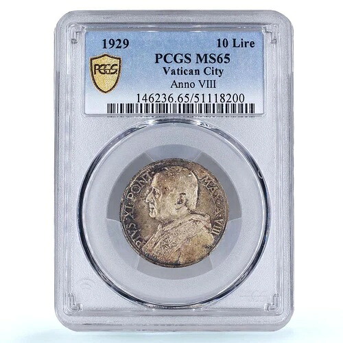 イタリア バチカン 10リラ 教皇ピウス11世 聖母マリア イエスの赤ちゃん MS65 PCGS 銀貨 1929年