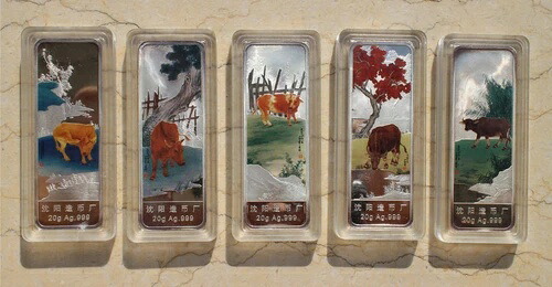 2009 中国 5 x 20g (合計100g) 純銀カラーバー/メダル - 牛