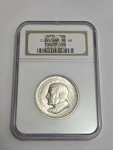 1936年 50セント モーゼス・クリーブランド記念銀貨 ハーフドル NGC MS66 - 明るい