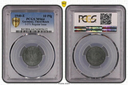 PCGS MS64 1940-E 10 ペニヒPfg ドイツ、第三帝国 J.371 WW2 *これ以上のものはなし*