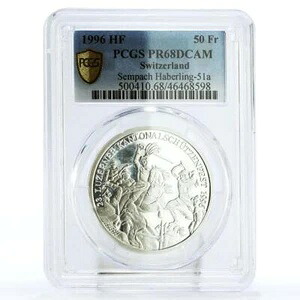 スイス 50フラン ゼンパッハ射撃祭 騎士 PR68 PCGS 銀貨 1996年
