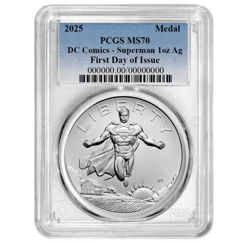 プレセール - 2025年 1オンス スーパーマン DCコミックス シルバーメダル PCGS MS70 FDOI ブルーラベル